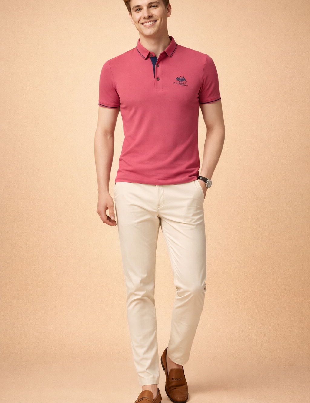 Black short-sleeve polo shirt with contrast yellow collar trim and embroidered chest logo, paired with slim-fit beige chinos and clean white low-top sneakers.