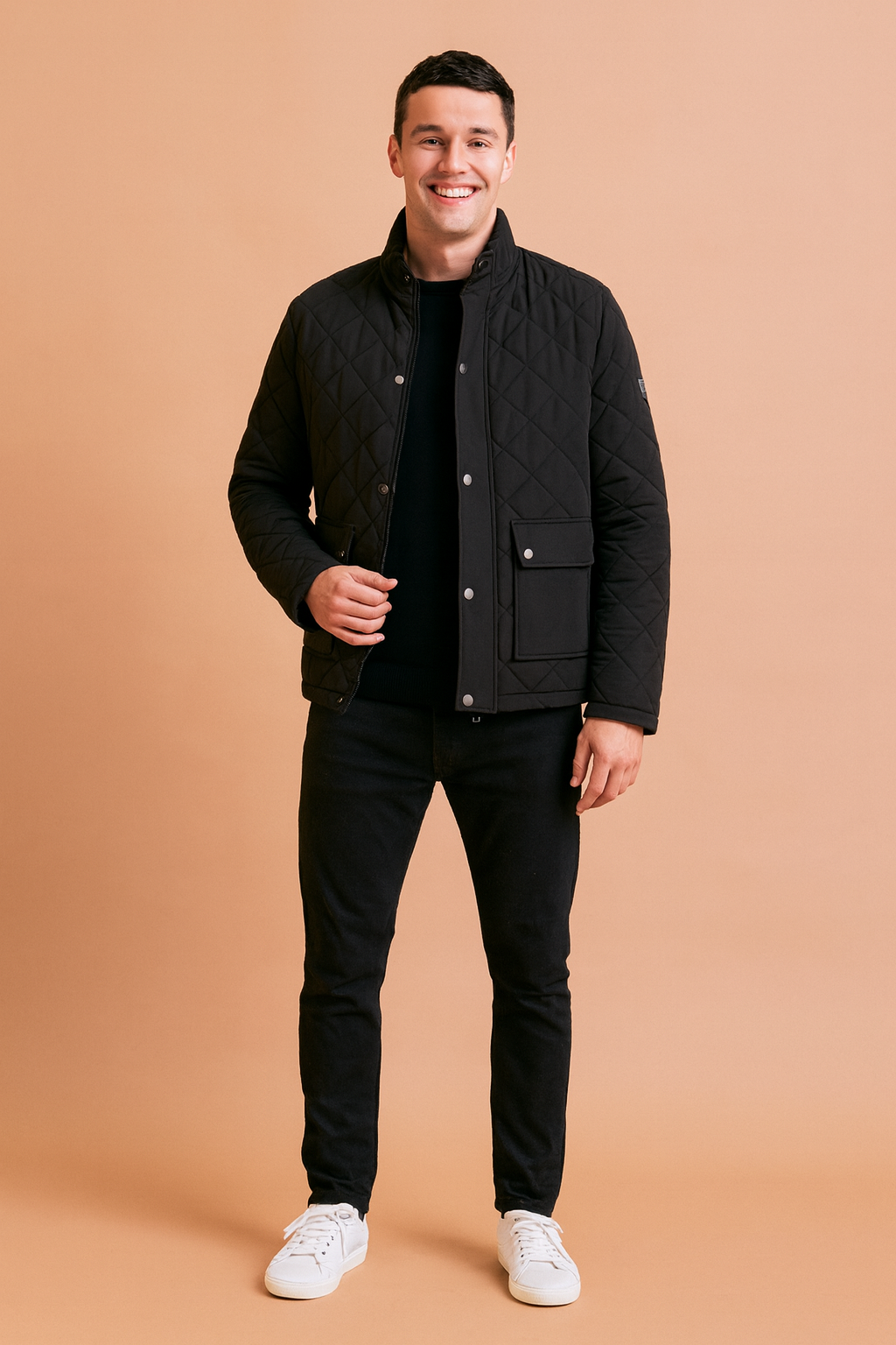 black-quilted-mens-jacket-fullbody-pose