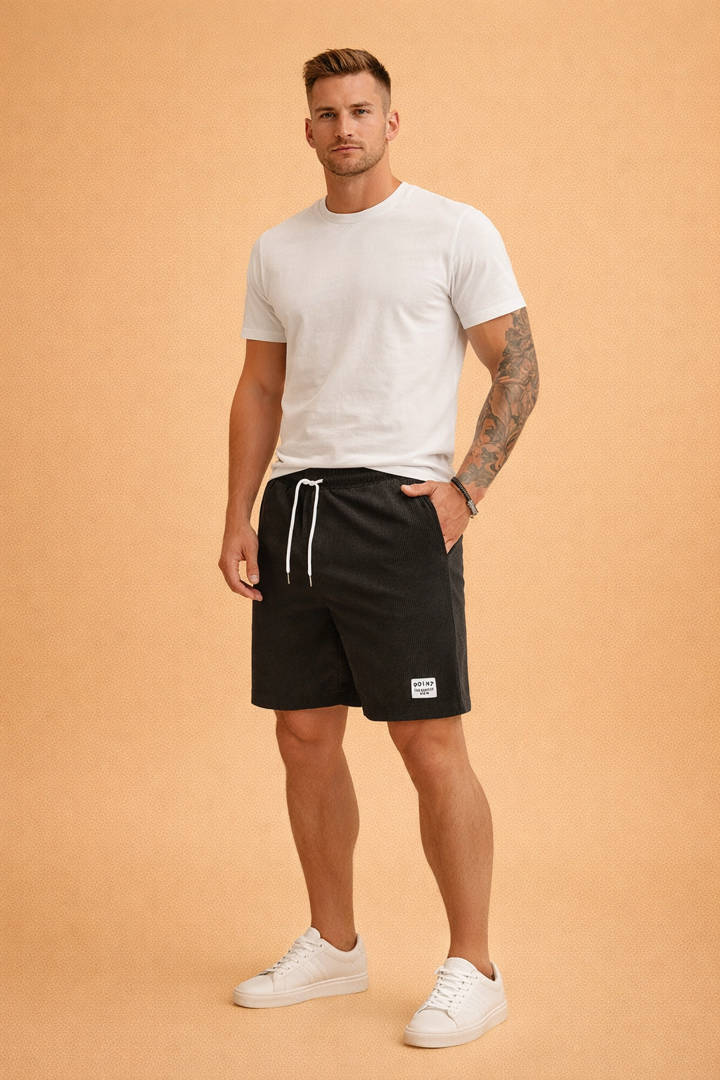 Black ribbed casual shorts made from fine vertical-rib cotton fabric, featuring an elastic waistband with white drawstring, clean side pockets, a straight knee-length cut, and a small woven “POINT” label on the lower hem, paired with a solid sage-green short-sleeve crew-neck T-shirt in smooth jersey fabric and clean white low-top sneakers for a minimal modern casual look.