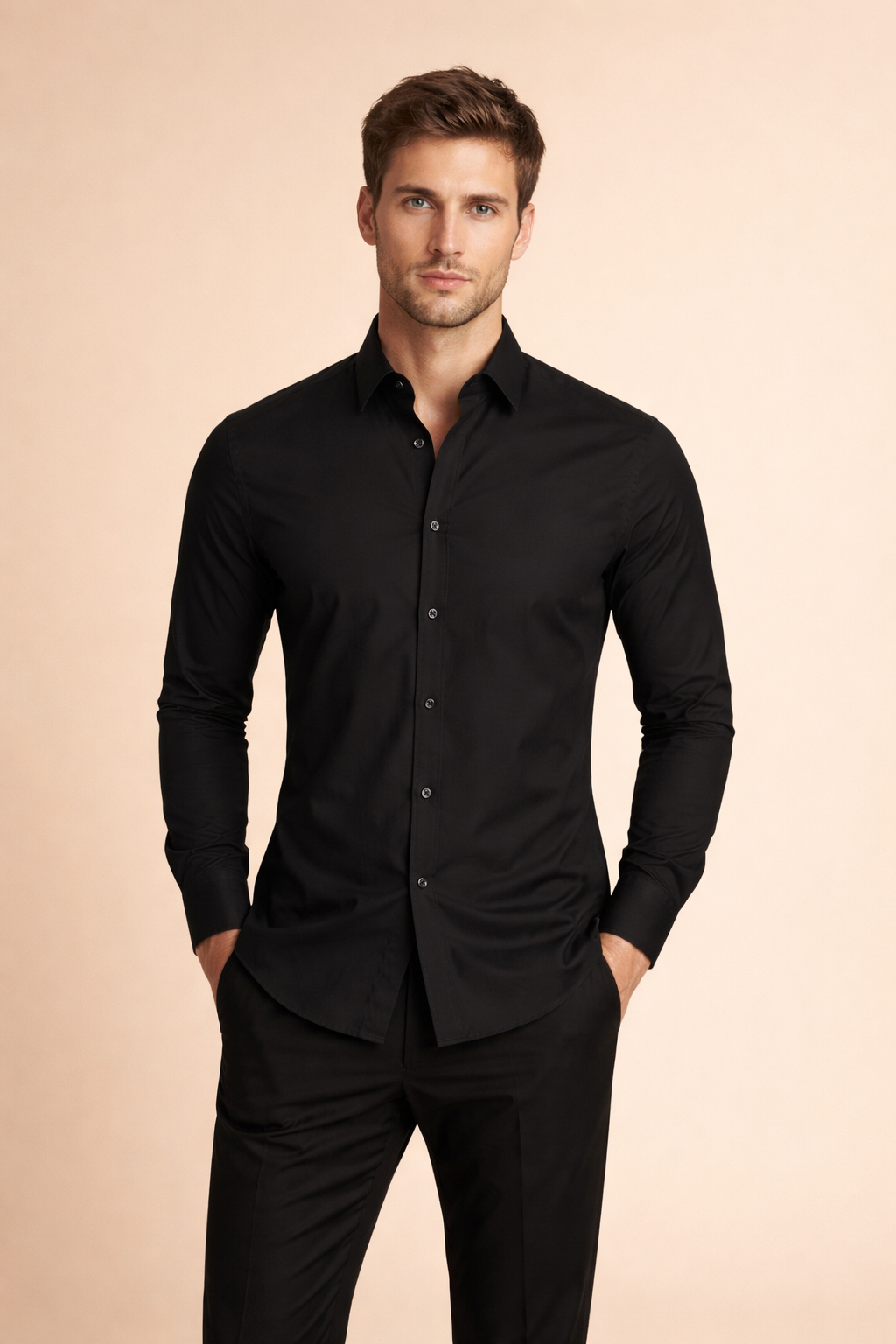Slim-fit black long-sleeve button-down shirt with a classic pointed collar, clean front placket, evenly spaced black buttons, tailored shoulders, and a smooth structured finish designed for a sharp, modern silhouette.