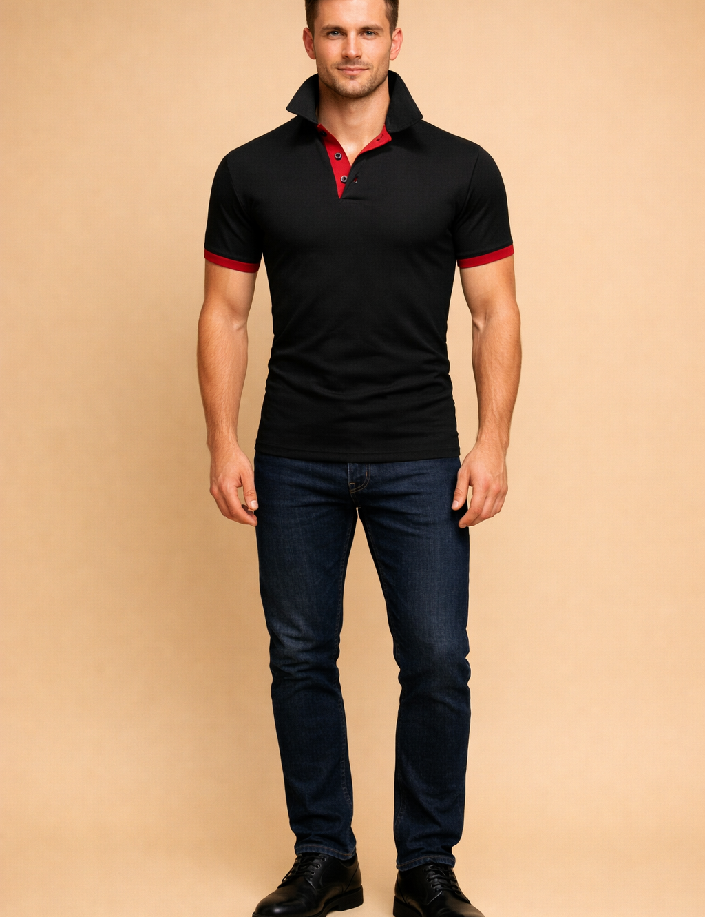 Slim fit black polo shirt crafted from smooth cotton pique, featuring a structured collar, red contrast inner placket with two-button closure, matching red sleeve trim, tailored short sleeves, and a clean modern silhouette paired with minimalist low-profile shoes for a refined casual look