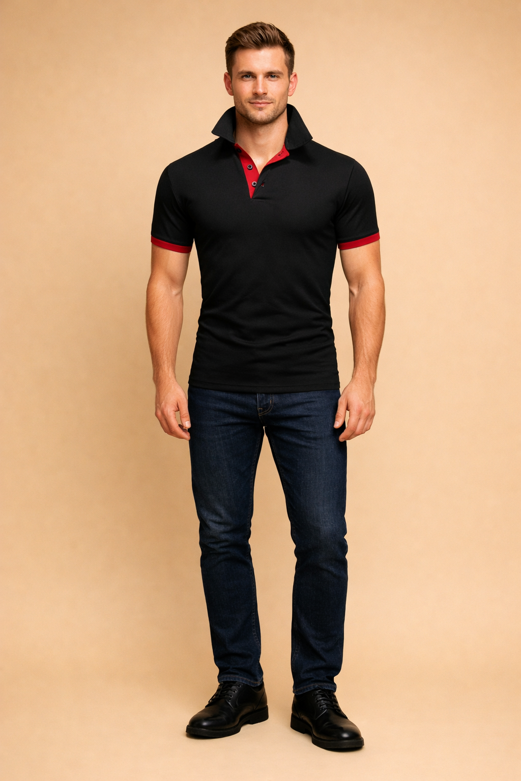 Slim fit black polo shirt crafted from smooth cotton pique, featuring a structured collar, red contrast inner placket with two-button closure, matching red sleeve trim, tailored short sleeves, and a clean modern silhouette paired with minimalist low-profile shoes for a refined casual look