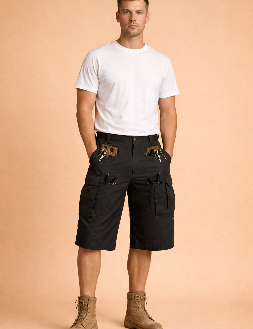Black tactical cargo shorts with reinforced ripstop fabric, multiple utility pockets with flap and zipper closures, metal D-ring attachment, straight knee-length cut, and matte finish, paired with a solid dark navy short-sleeve crew neck t-shirt and boots