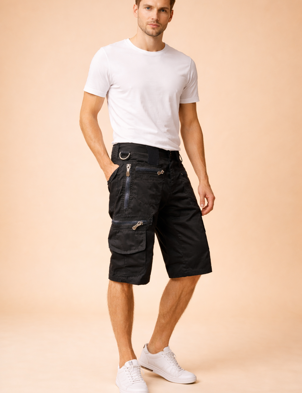 Black tactical cargo shorts with a structured straight-leg cut, durable matte fabric, multiple utility pockets including layered zippered thigh pockets and flap cargo pocket, reinforced stitching, belt loops, metal D-ring detail, and knee-length hem in a solid deep black tone with uniform texture and finish.