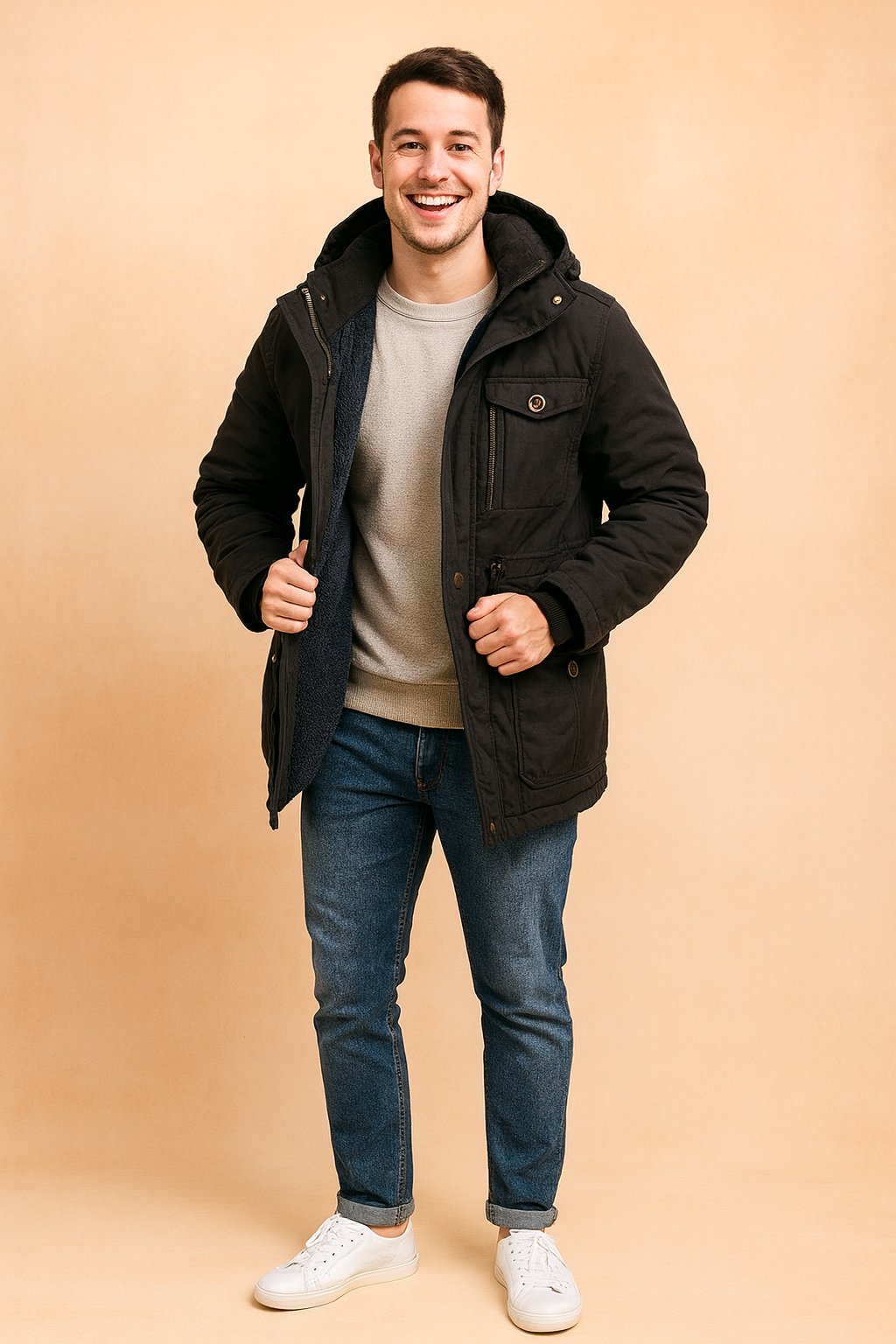 Black winter parka jacket with multiple front pockets, button and zipper closure, and warm fleece lining, designed for stylish cold-weather wear.