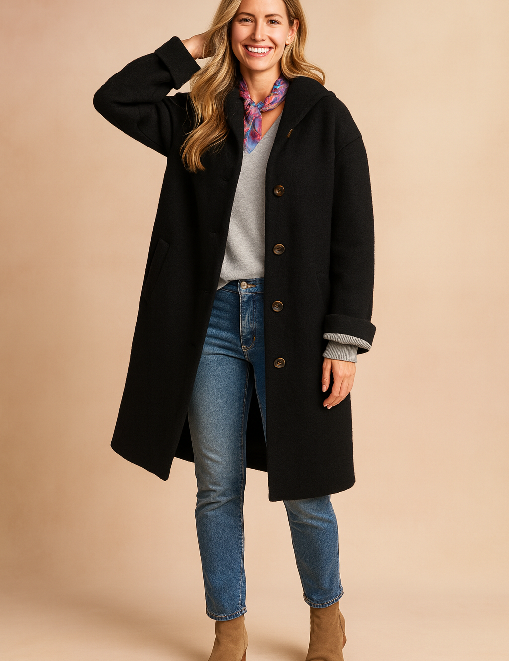 Black button-up wool coat with a relaxed fit, long sleeves, front buttons, and side pockets styled over a grey top, blue jeans, and beige ankle boots.