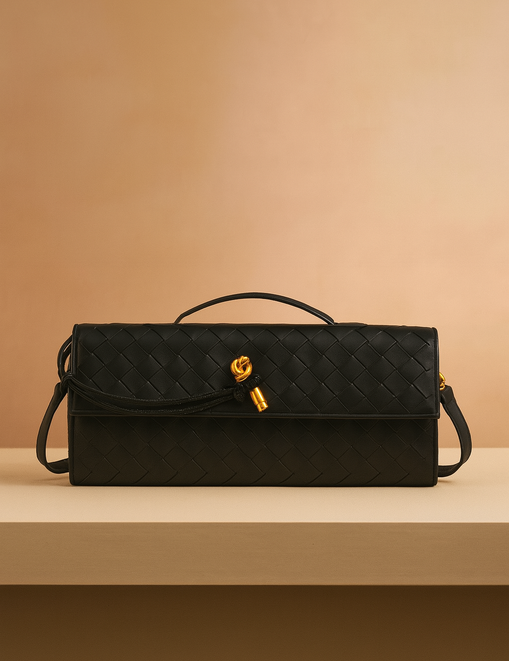 Rectangular black woven leather handbag with gold knot detail and flap closure, displayed on a beige platform against a pastel sand-to-pink gradient background.