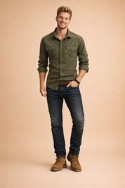 Blue long-sleeve denim button-up shirt with chest flap pockets and contrast buttons, styled with medium-wash straight-leg jeans and brown suede lace-up ankle boots.