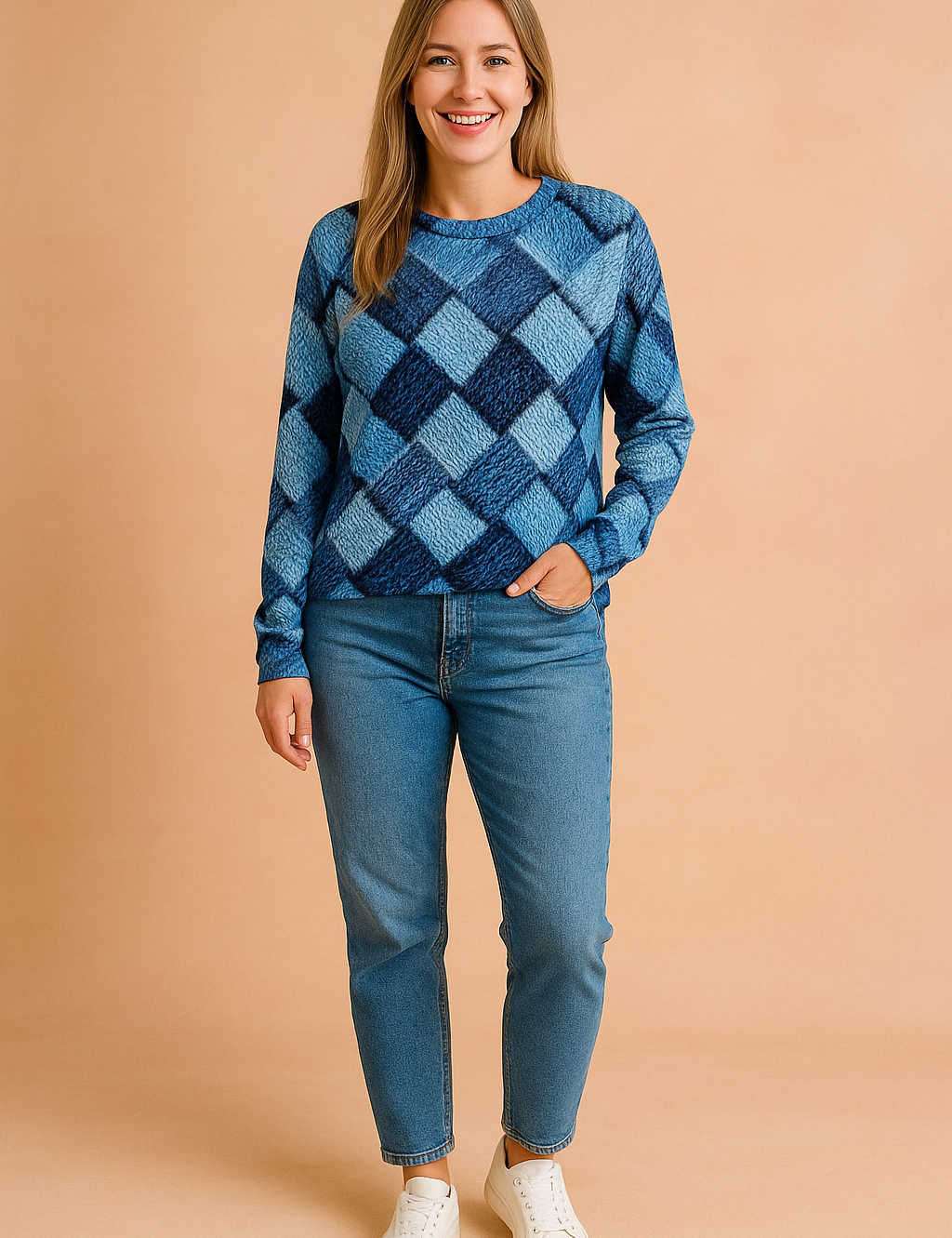 Blue diamond-print long-sleeve sweater with realistic knit pattern, paired with classic blue straight-leg jeans and white sneakers.