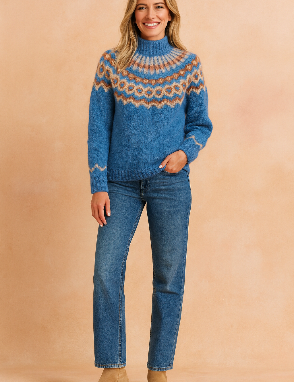 Cozy blue Fair Isle knit sweater with multicolor geometric yoke pattern in cream, tan, and darker blue, featuring matching trim on sleeves.