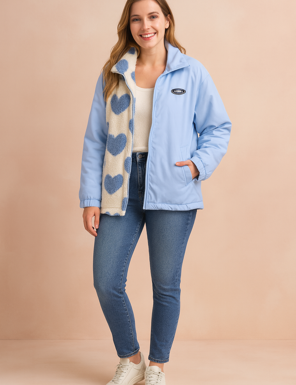 Light blue winter jacket with cream fleece lining decorated with blue heart patterns, zip closure, side pockets, styled with slim-fit blue jeans and off-white