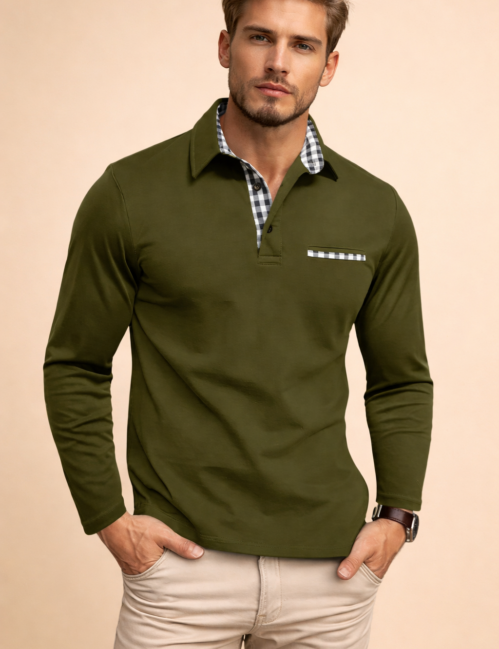 Blue long-sleeve polo shirt with a clean polo collar, subtle checkered inner placket and chest pocket trim, tailored slim fit, paired with light beige straight-leg trousers for a refined casual look.