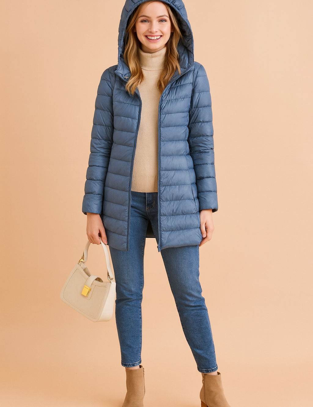 Blue long winter puffer jacket with hood, styled with a beige turtleneck sweater, slim jeans, ankle boots, and a beige handbag