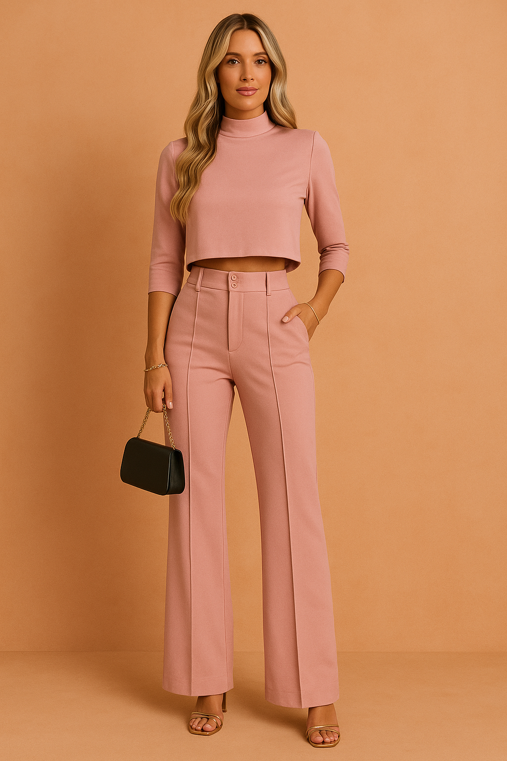 Blush pink co-ord set with a cropped high-neck top and matching high-waisted wide-leg pants, styled with a black mini shoulder bag and heeled sandals.