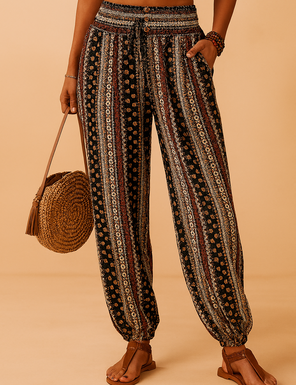 Bohemian high-waist drawstring jogger pants featuring vertical tribal-inspired patterns in black, cream, and rust tones with a shirred waistband and three buttons, styled with brown flat sandals.