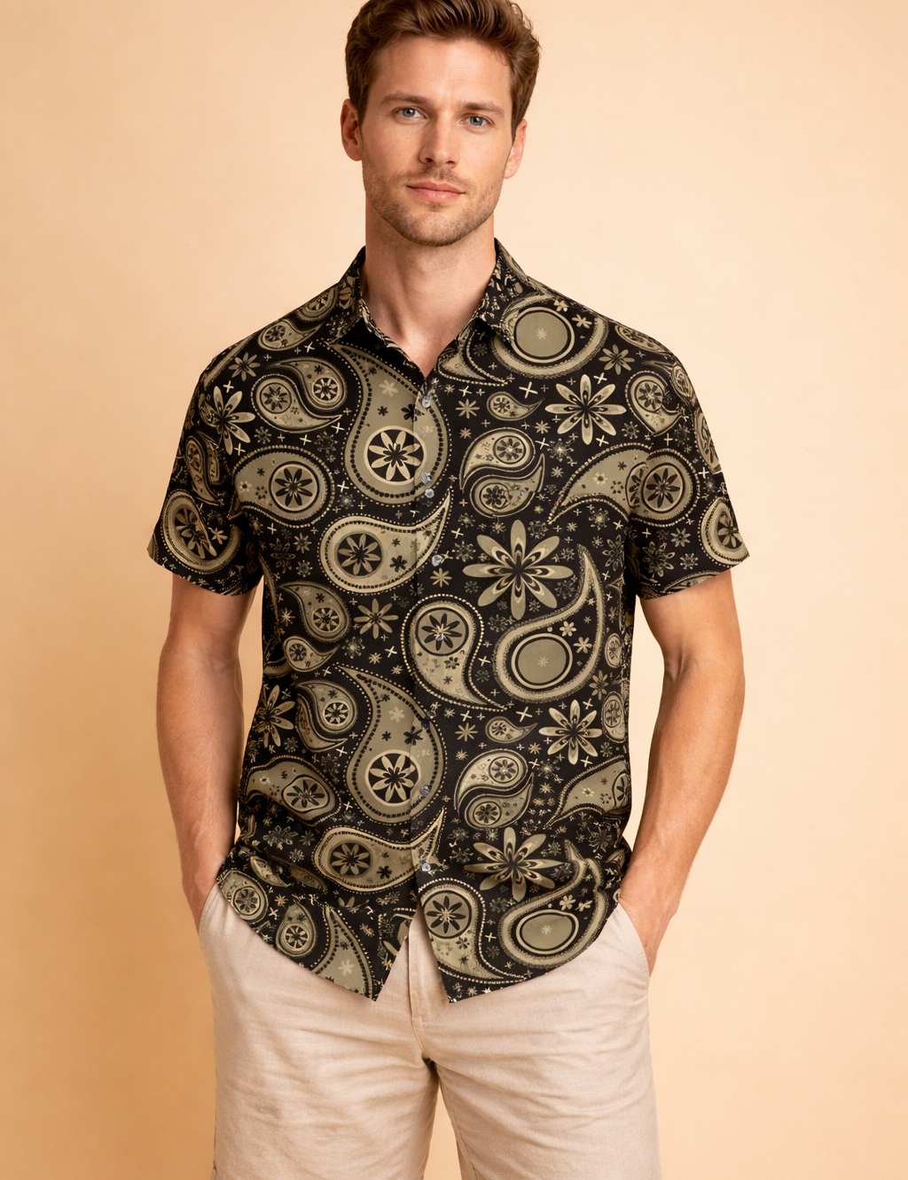 Short-sleeve collared button-up shirt with an all-over bold animal-inspired abstract pattern combining organic and geometric motifs, finished with a front button closure and a relaxed, clean silhouette.