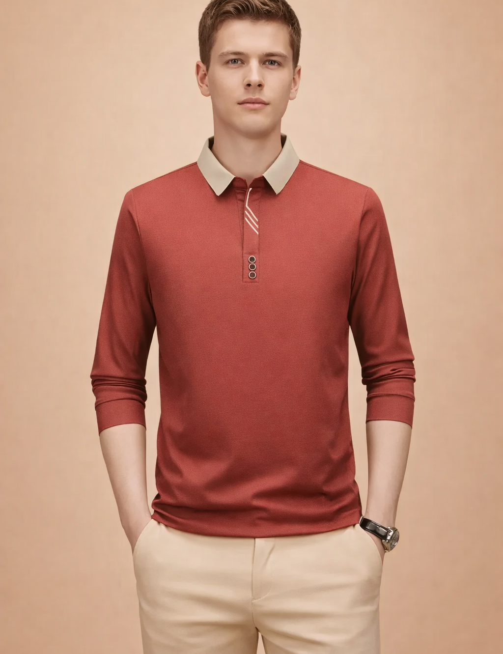 Brick red long-sleeve polo top with a contrasting beige collar, three-button placket featuring subtle stripe detailing, and a clean slim silhouette, styled with tailored beige trousers for a refined casual look.