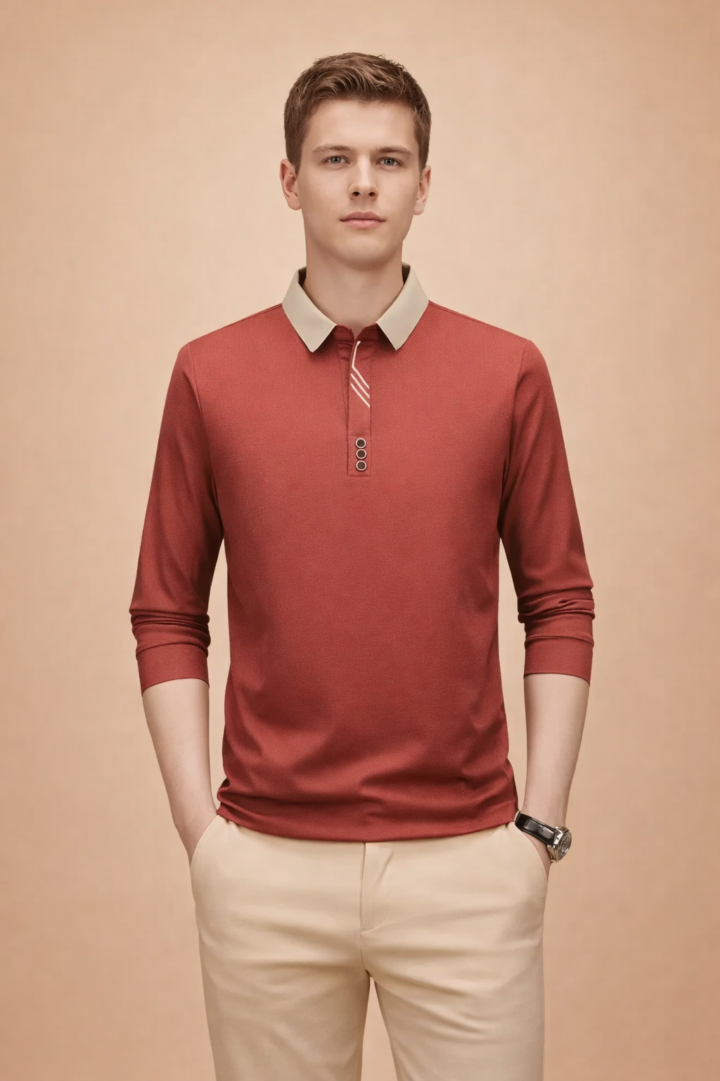 Brick red long-sleeve polo top with a contrasting beige collar, three-button placket featuring subtle stripe detailing, and a clean slim silhouette, styled with tailored beige trousers for a refined casual look.