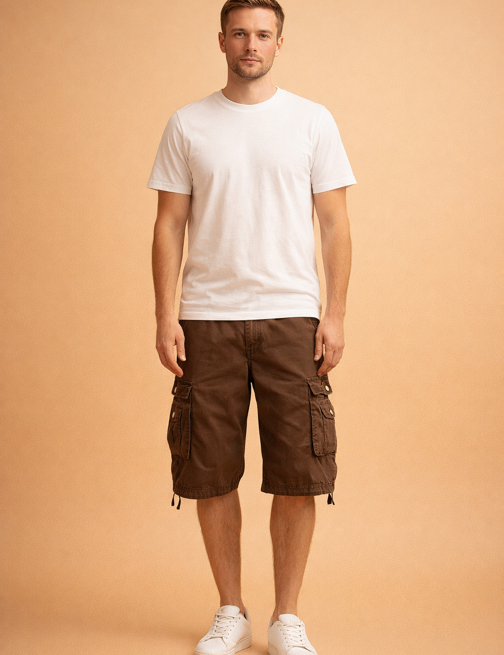 Brown cotton cargo shorts with multi-pocket utility design, paired with a casual fitted shirt and clean everyday shoes for a relaxed summer outfit