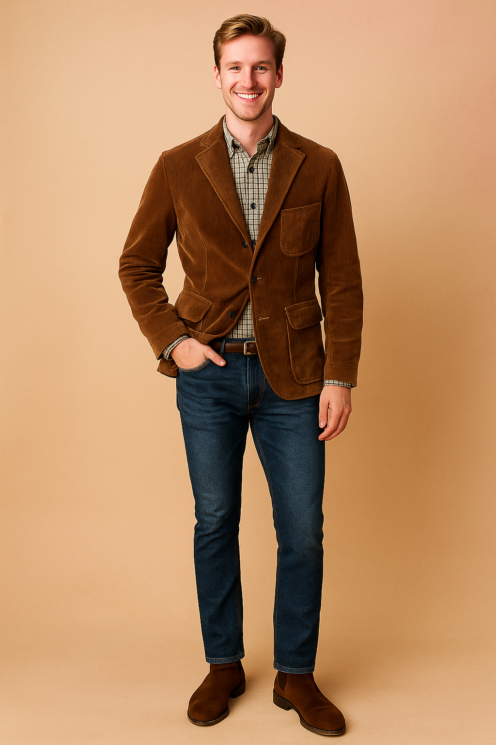 Brown corduroy blazer with notched lapels, three front pockets, and button closure, paired with a plaid button-up shirt, dark denim jeans, and brown suede Chelsea boots.