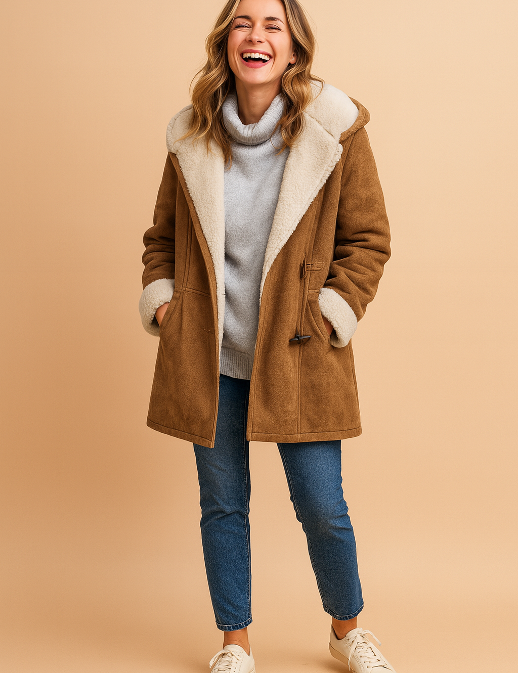 Camel brown faux suede winter coat with off-white faux fur lining, toggle front closures, long sleeves with fur cuffs, styled with light gray turtleneck sweater, blue slim-fit jeans, and off-white sneakers