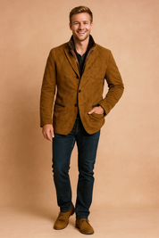 Brown suede blazer jacket with button closure, notched lapel, and front pockets, styled for a refined casual look.