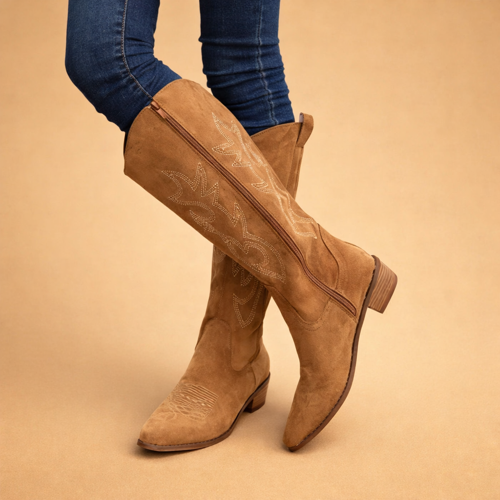 brown-suede-knee-high-western-boots-embroidered-side-zip-posed-model-shot.png