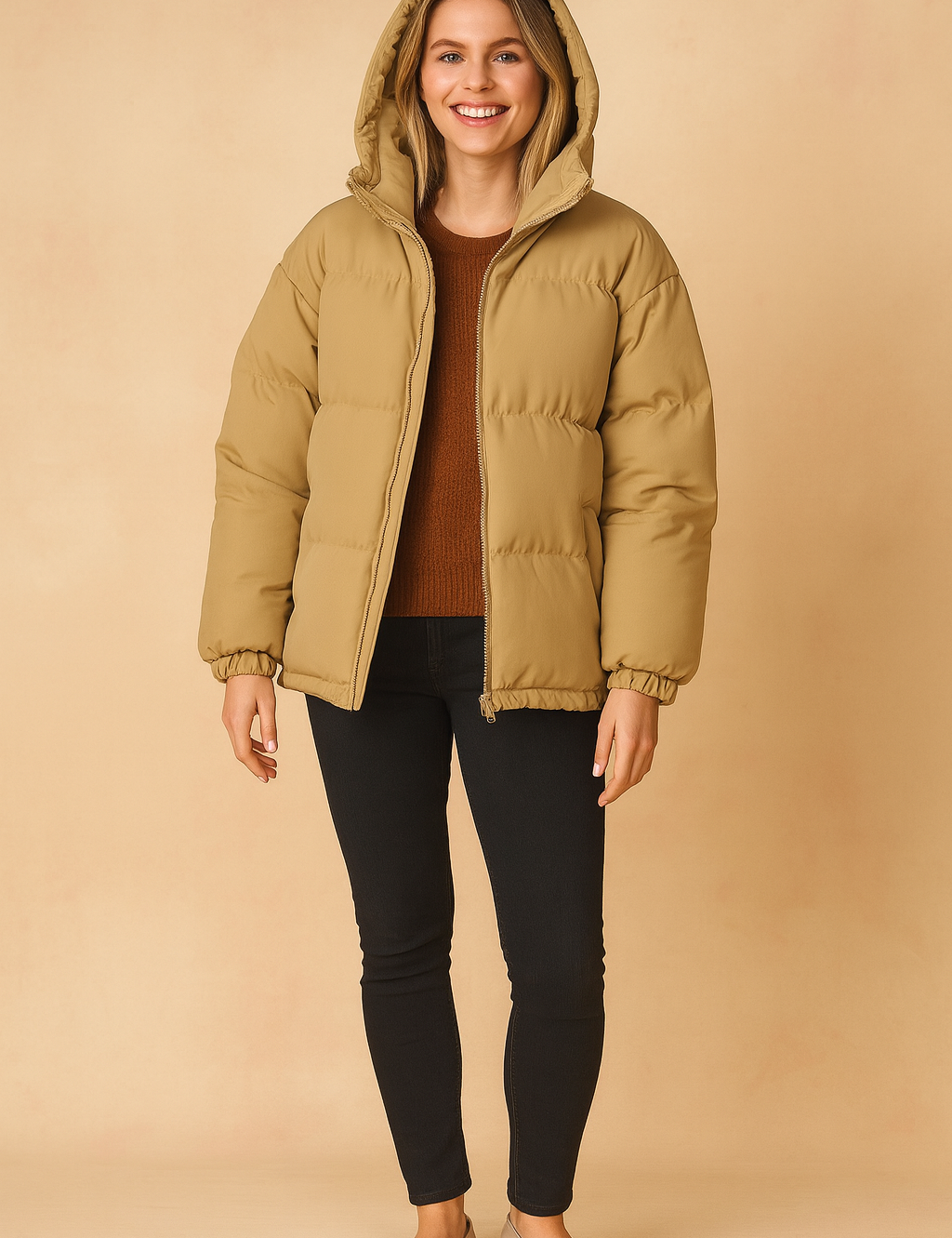 Brown unisex puffer jacket with hood, front zipper closure, side pockets, and elastic cuffs, designed for winter warmth and comfort