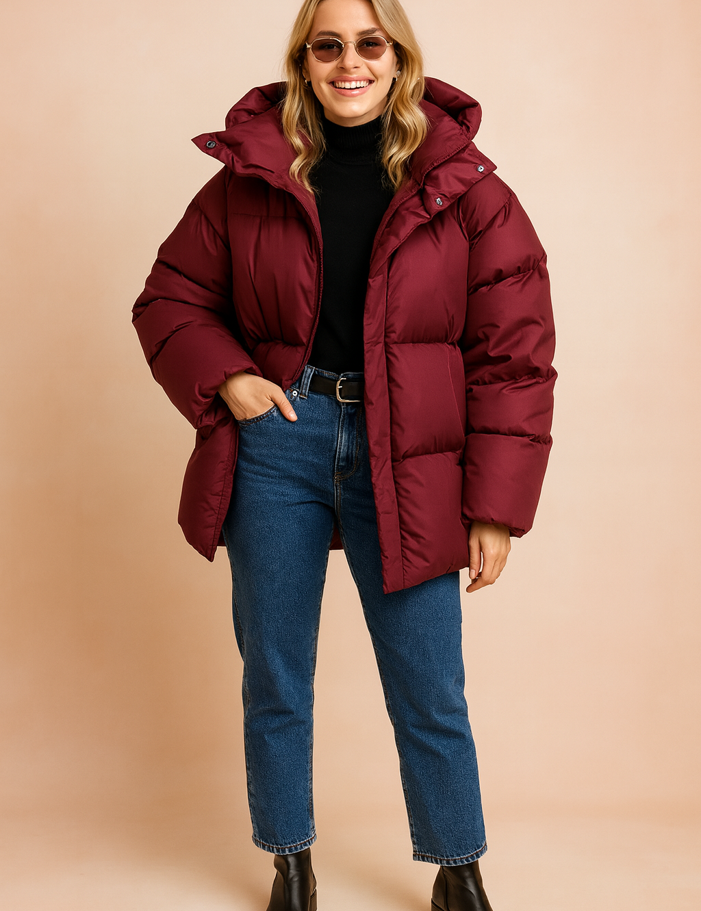 Oversized burgundy hooded puffer jacket with glossy quilted fabric, full-length front zipper, high padded collar, and relaxed fit for winter warmth.