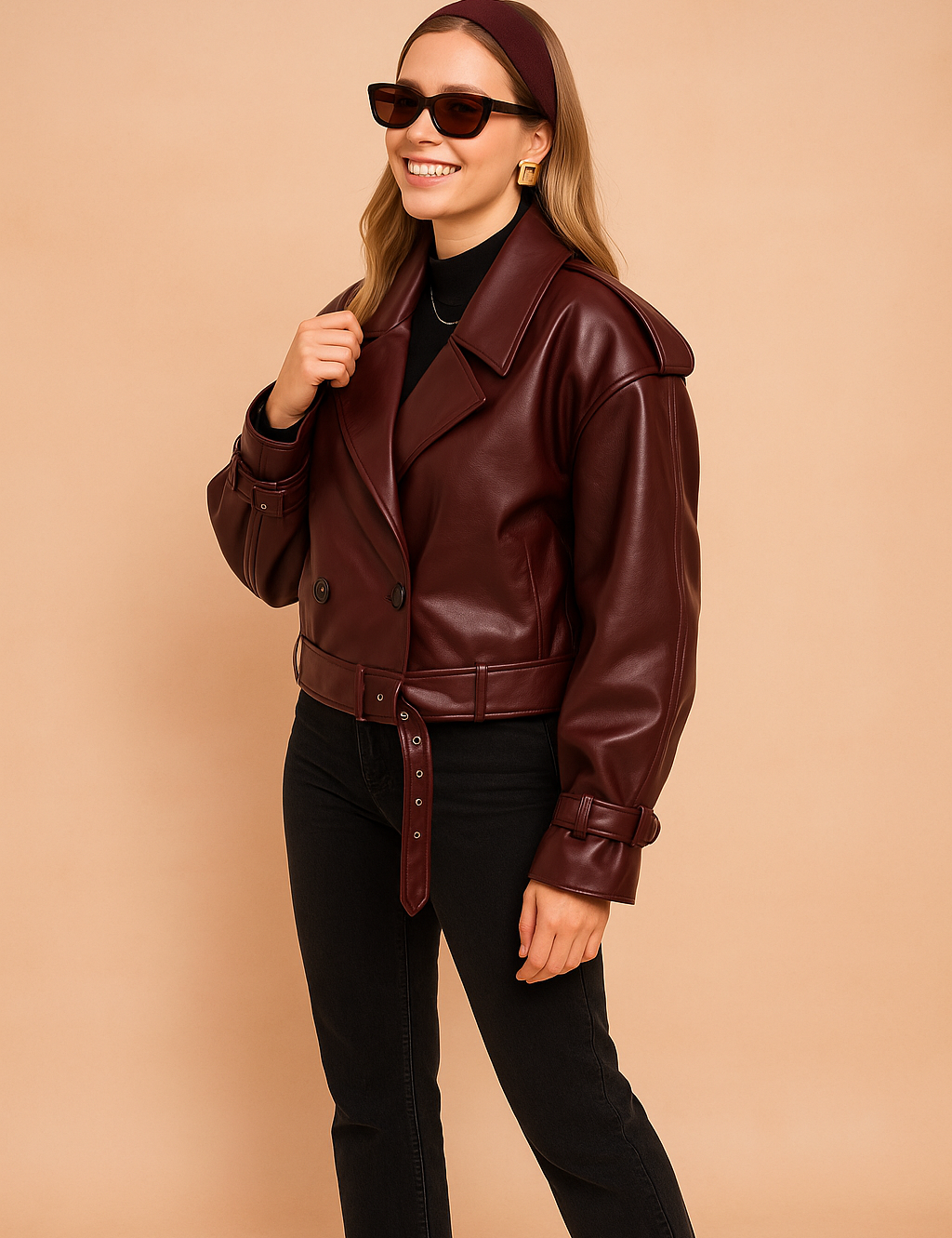 Dark burgundy oversized belted leather jacket with wide lapel collar, long sleeves, and structured silhouette, paired with straight-leg black trousers and ankle boots.