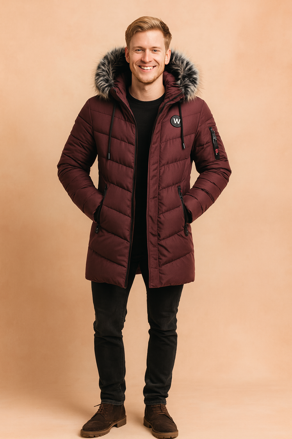 Burgundy padded winter parka with black and white faux fur hood trim, front zipper closure, side zip pockets, sleeve pocket, and logo patch on chest.
