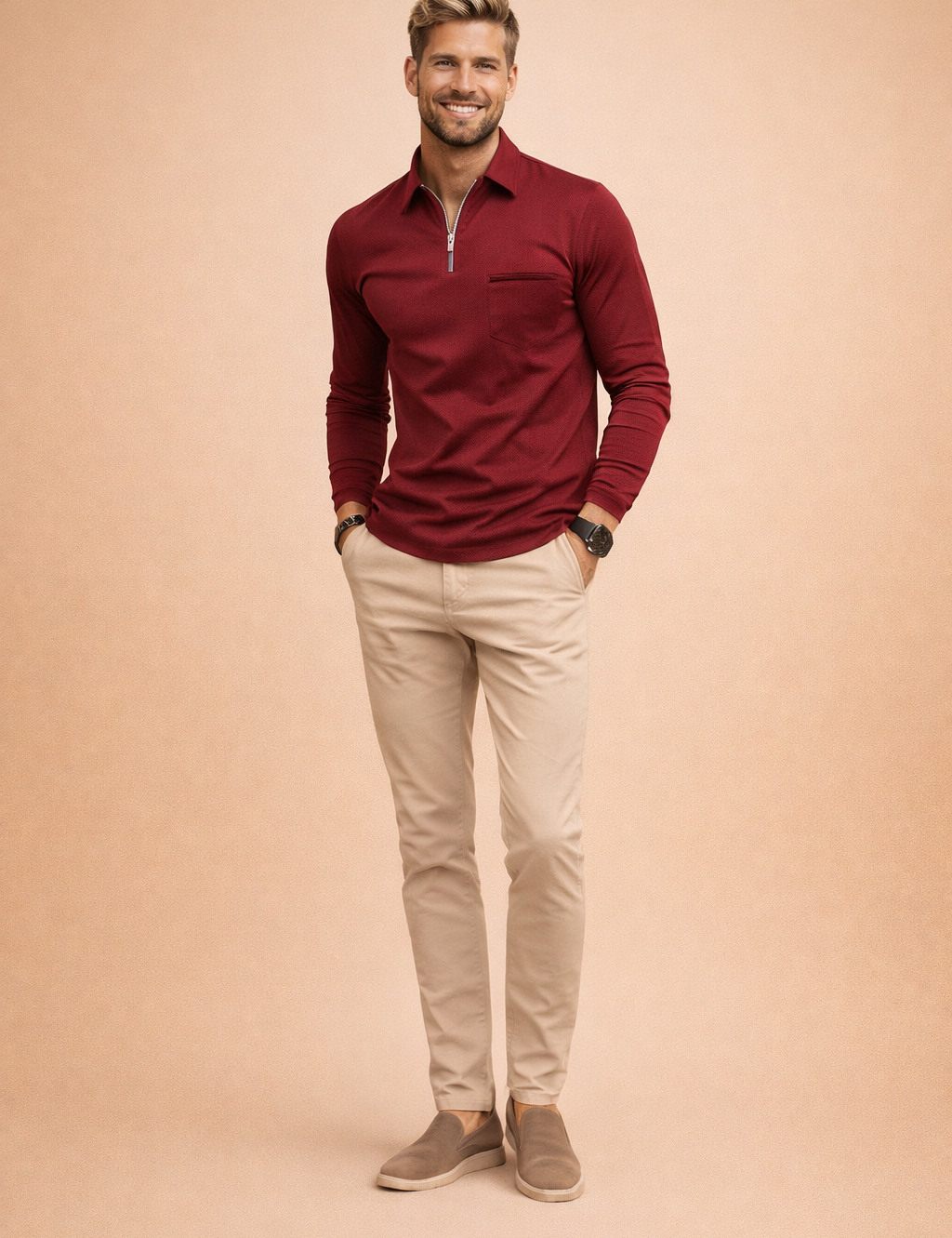 Burgundy long-sleeve quarter-zip top with a clean stand collar and subtle chest zip detail, paired with slim-fit beige trousers and taupe slip-on loafers for a refined smart-casual look.