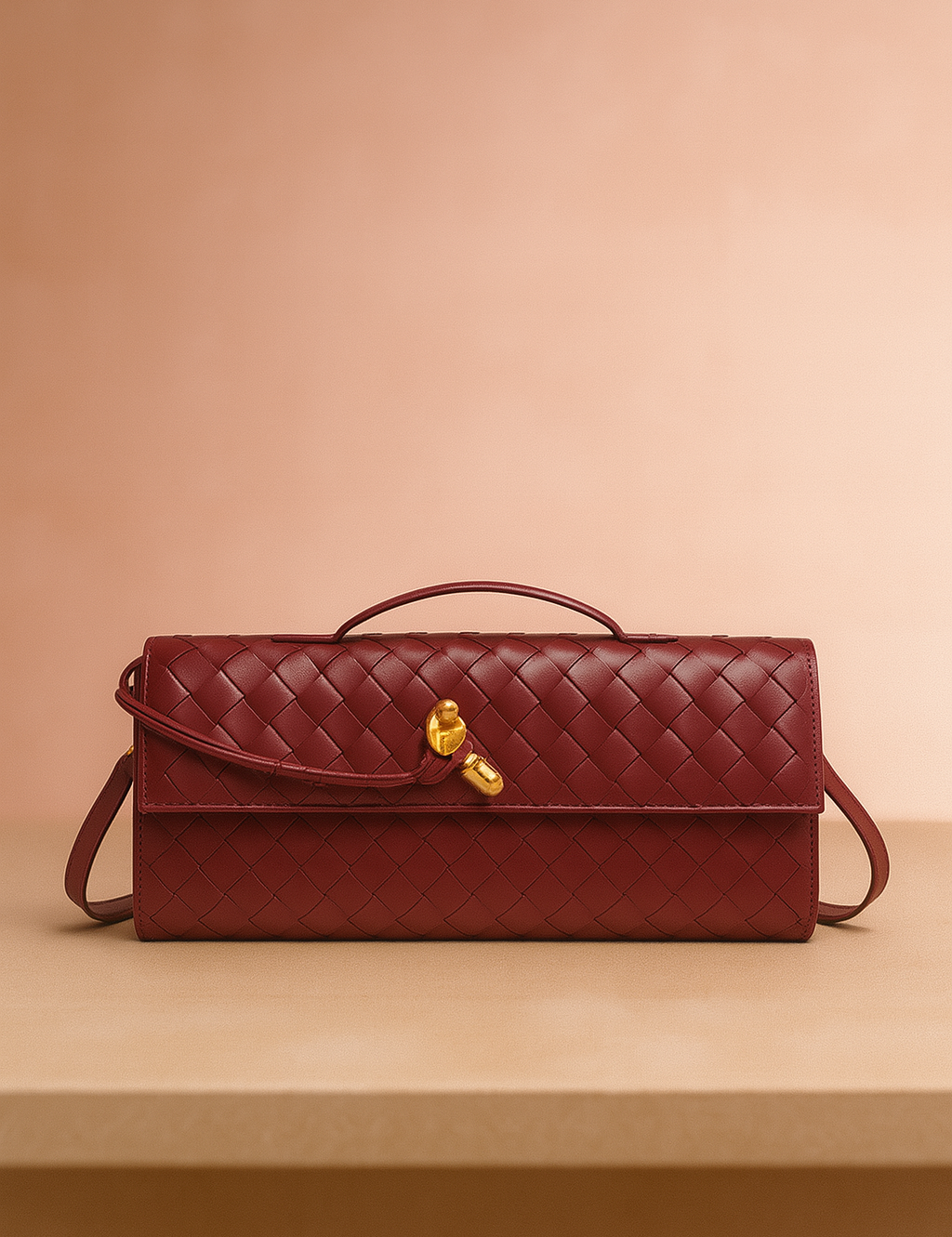Rectangular burgundy woven leather handbag with a gold knot clasp, top handle, and wrap-around leather strap, displayed on a beige table with a soft blush gradient backdrop.
