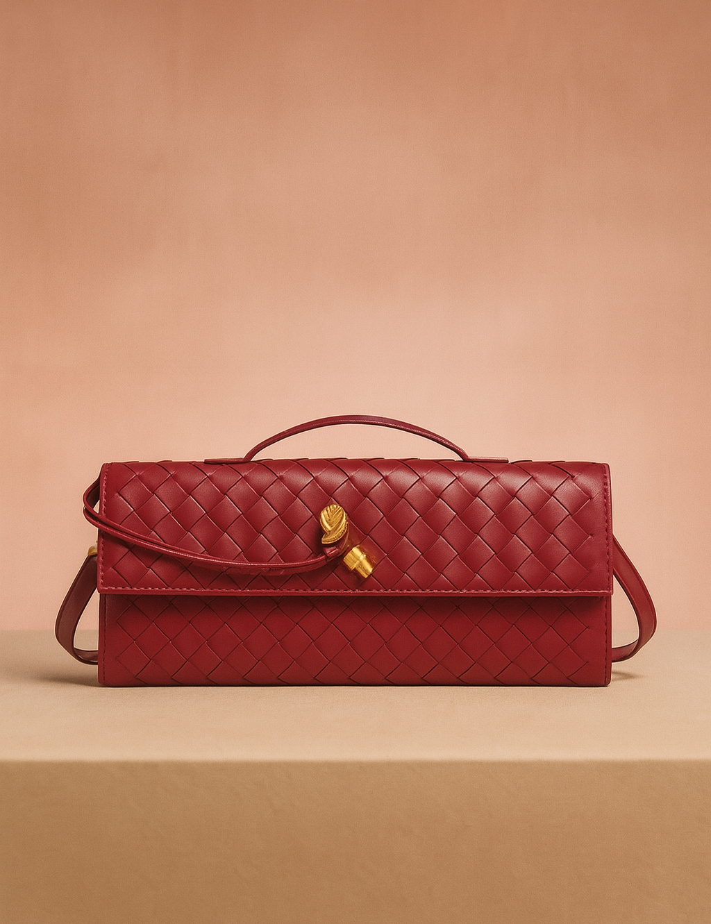 Rectangular burgundy woven leather handbag with a top handle, crossbody strap, and gold clasp, displayed on a neutral pedestal with a warm gradient background.