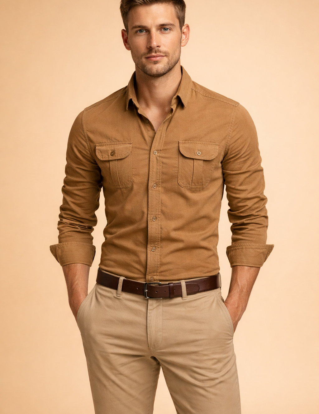Camel brown long-sleeve button-up shirt with flap chest pockets and button cuffs, styled with beige straight-leg chinos and a dark brown leather belt.