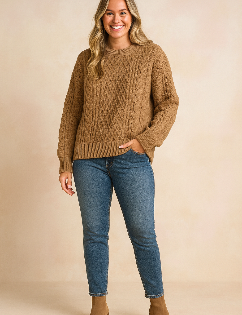 Camel cable knit sweater with ribbed cuffs and hem, paired with medium blue jeans and taupe suede ankle boots.