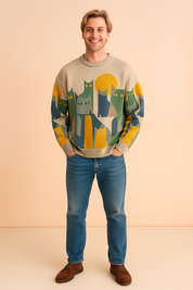 Beige knit sweater featuring abstract cat silhouettes in green, yellow, and blue with a round neckline and relaxed fit, paired with classic blue jeans and brown suede shoes.