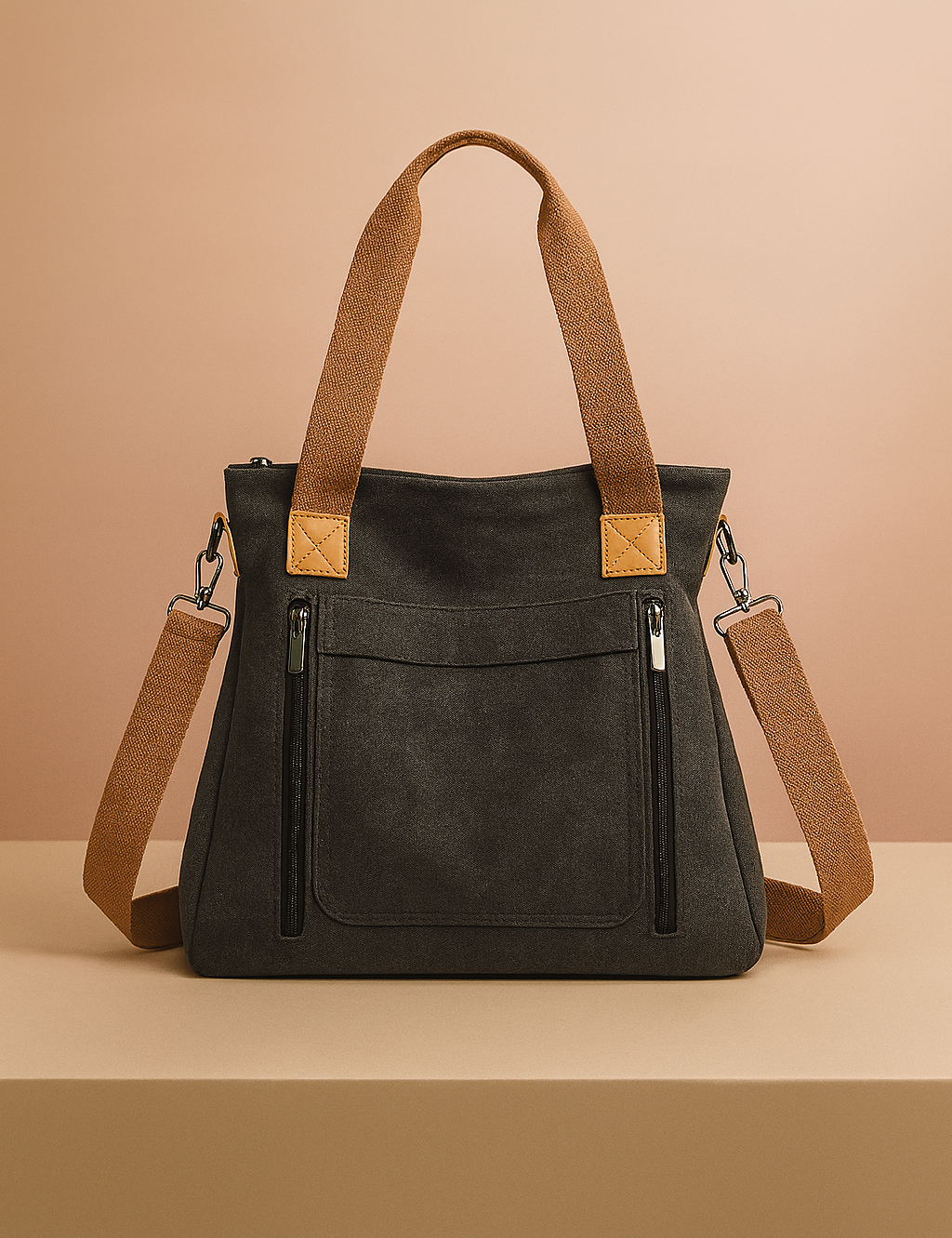 Charcoal grey canvas tote bag with brown shoulder straps, silver zipper details, and front pockets, displayed on a beige platform with a warm sand and pastel pink gradient background.