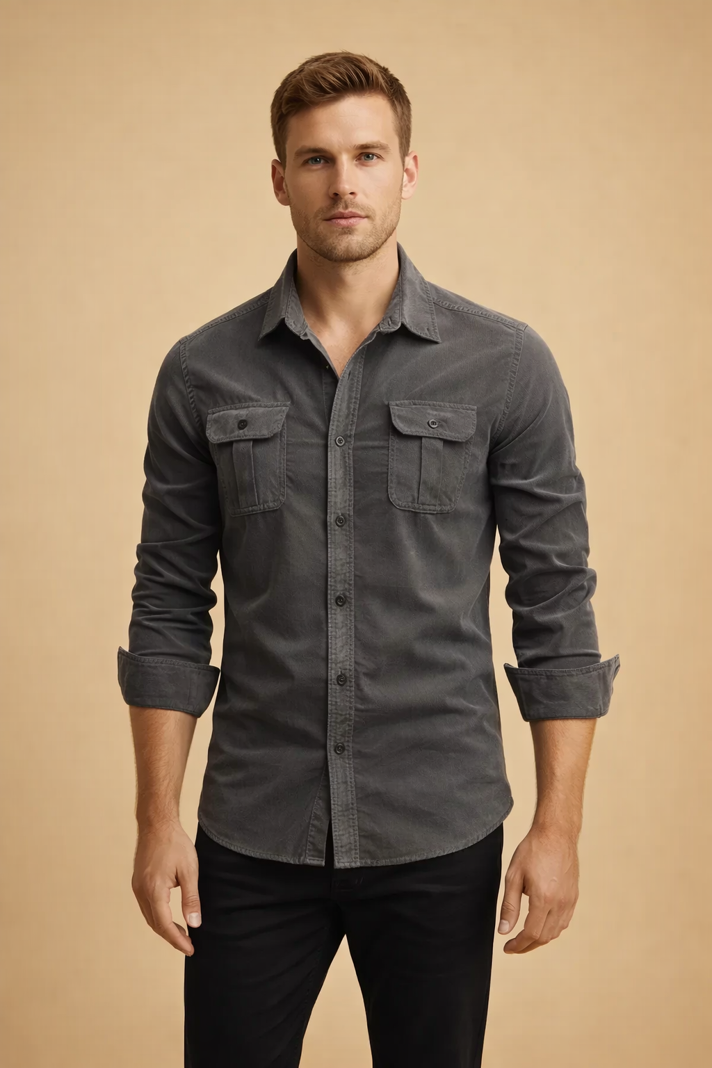 Charcoal grey long-sleeve button-up shirt with pointed collar, tonal front buttons, dual flap chest pockets with button closures, rolled cuffs, tailored slim fit, paired with black straight-leg trousers.