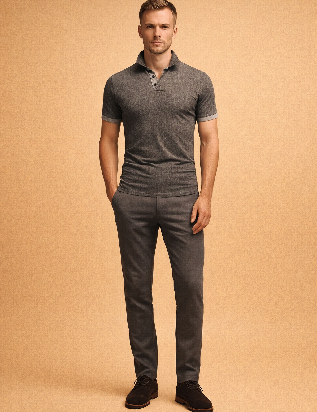 Charcoal grey short sleeve polo shirt with a fine heathered knit texture, contrast collar and button placket, tailored slim fit silhouette, paired with clean low-top sneakers for a refined modern casual look