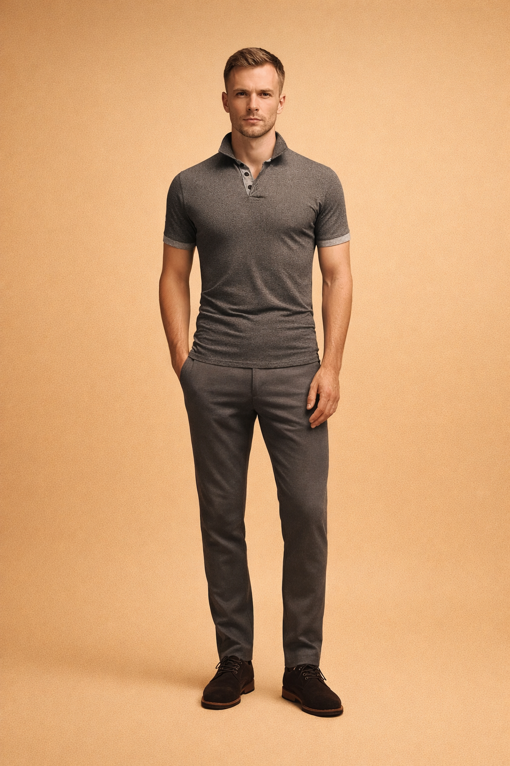 Charcoal grey short sleeve polo shirt with a fine heathered knit texture, contrast collar and button placket, tailored slim fit silhouette, paired with clean low-top sneakers for a refined modern casual look