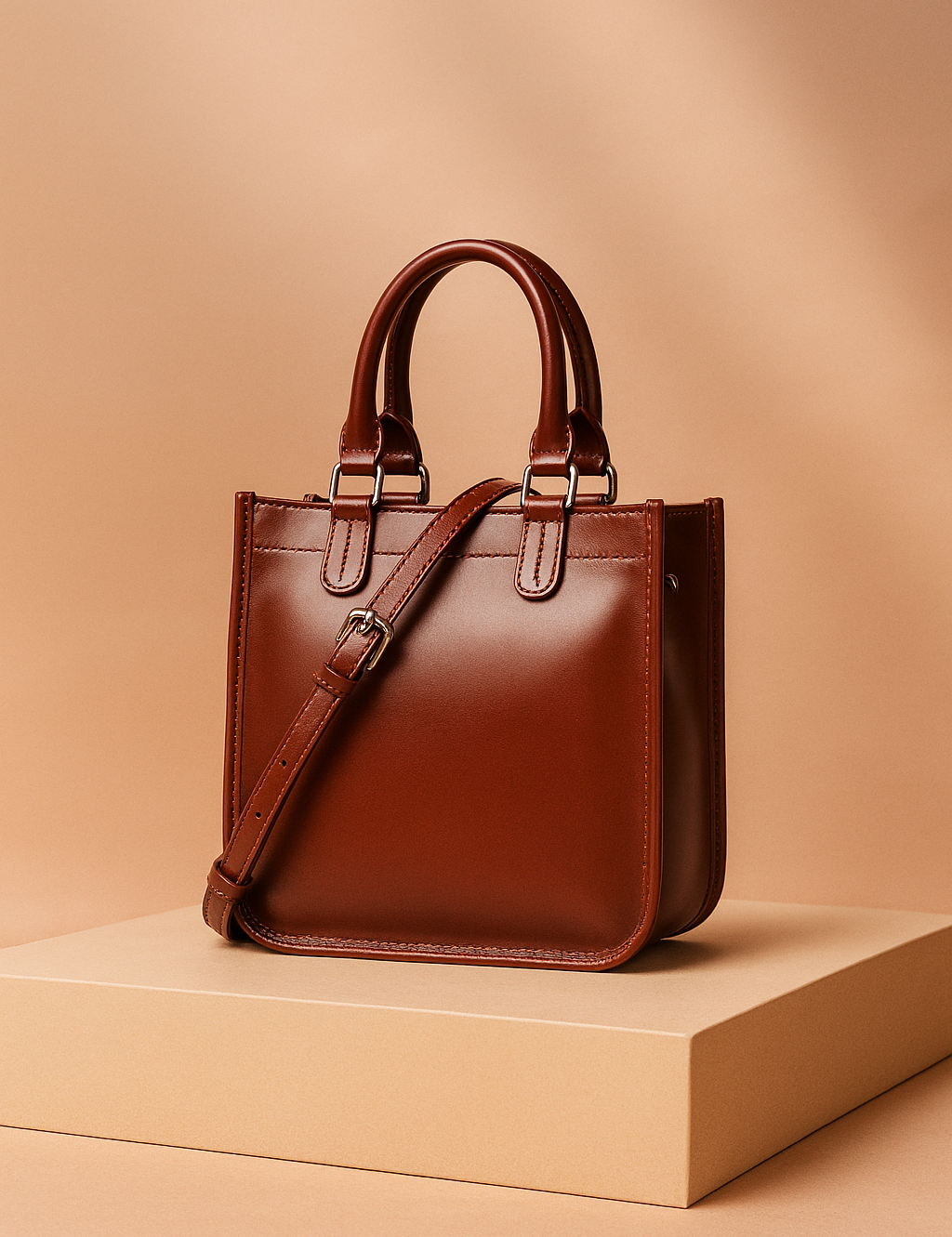Classic structured chestnut-brown leather handbag with double top handles, smooth polished finish, detailed stitching, and an adjustable shoulder strap with silver hardware.