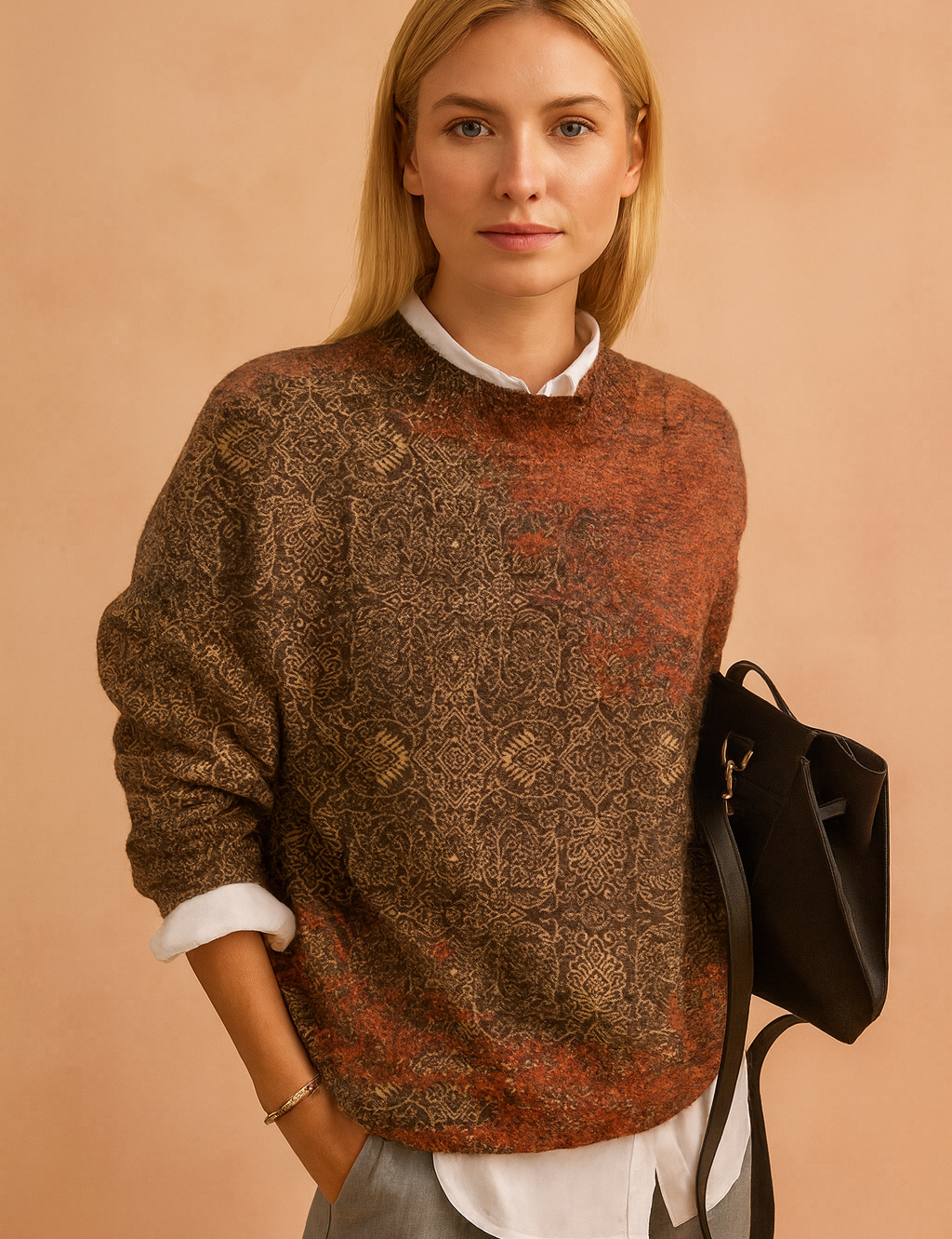 Patterned wool-blend sweater in earthy brown and rust tones with intricate motifs, worn over a crisp white collared shirt and paired with light grey tailored trousers.