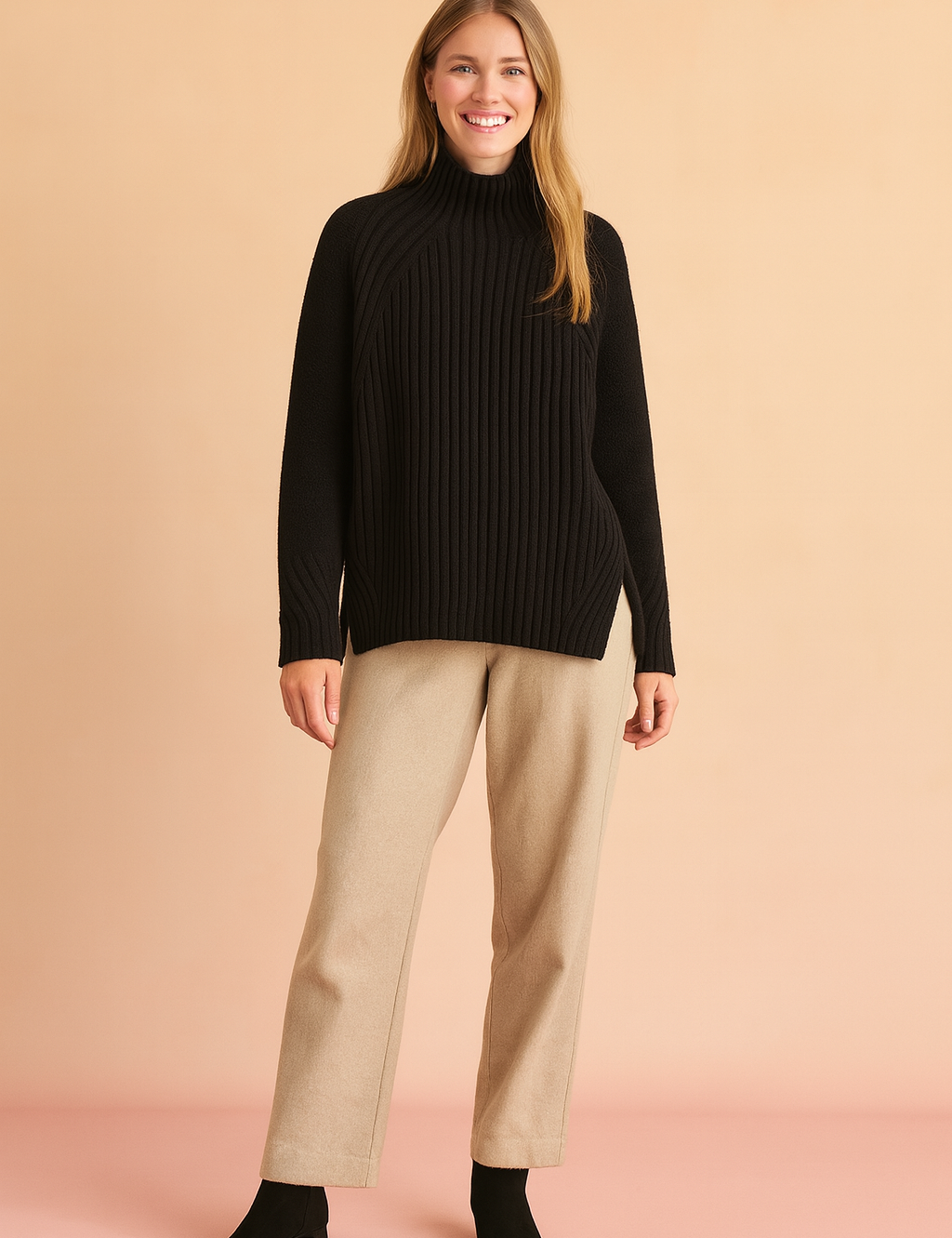 Black ribbed turtleneck sweater paired with beige straight-leg trousers and black ankle boots.