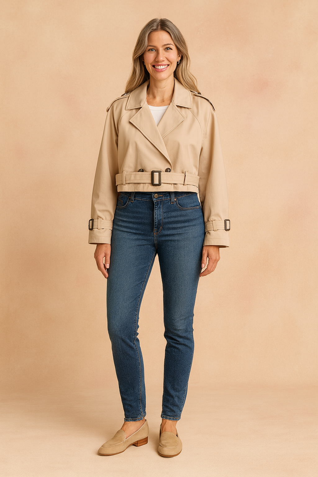 Cropped beige trench coat with double-breasted front, shoulder epaulettes, belted waist, and adjustable cuff straps, paired with slim blue jeans and beige suede loafers.