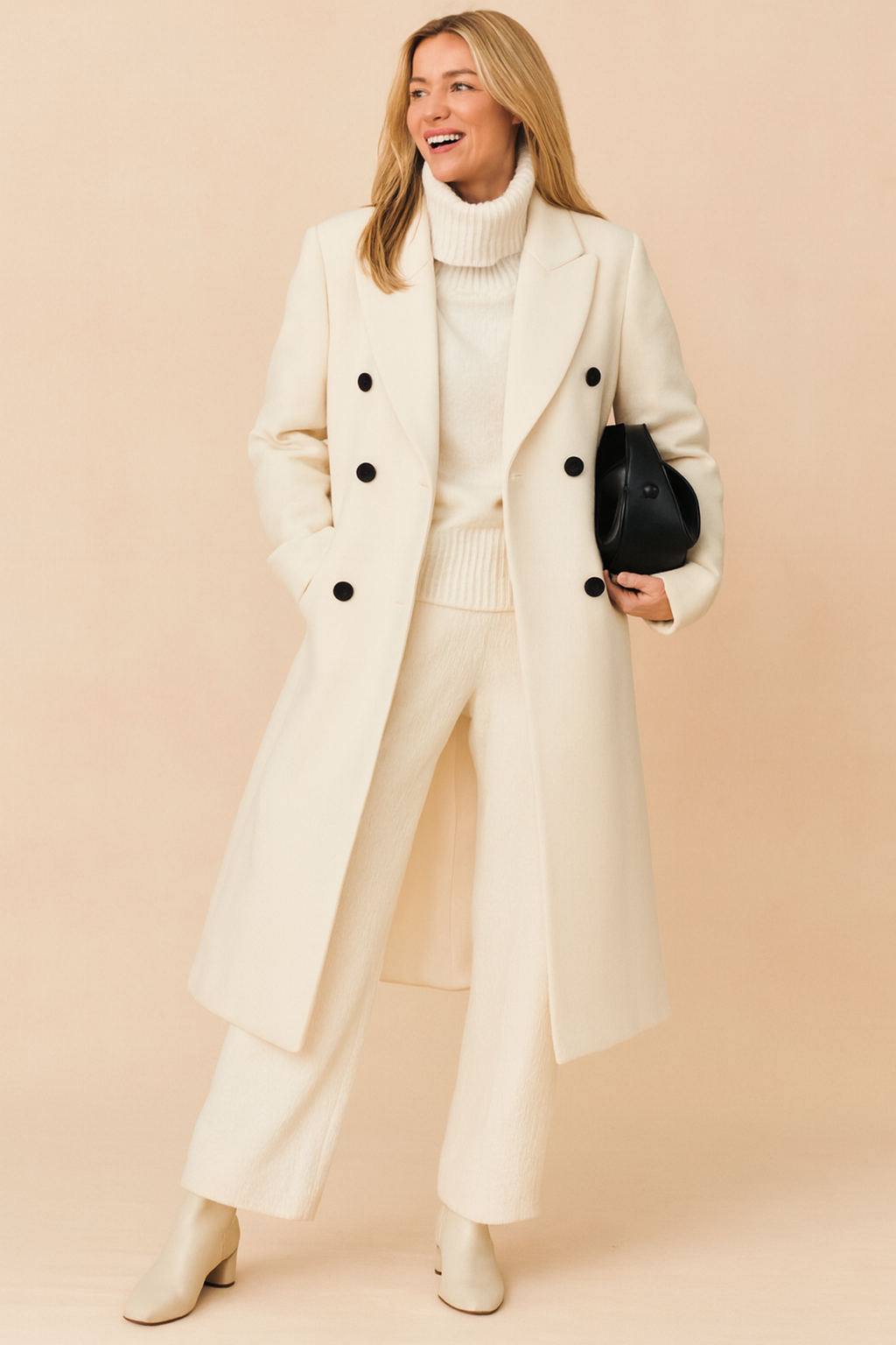  Elegant winter outfit featuring a cream double-breasted wool coat with black buttons, paired with a chunky cream turtleneck sweater, wide-leg cream trousers, and minimalist cream ankle boots, accessorized with a sleek black leather handbag.