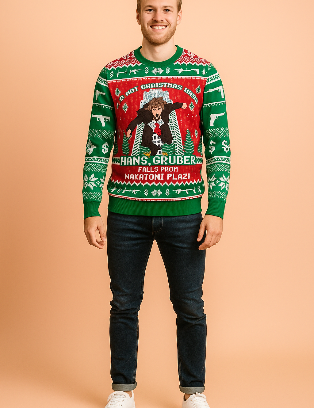 Christmas sweater in red and green featuring a Hans Gruber falling from Nakatomi Plaza design with festive patterns of snowflakes, dollar signs, guns, and Christmas trees.