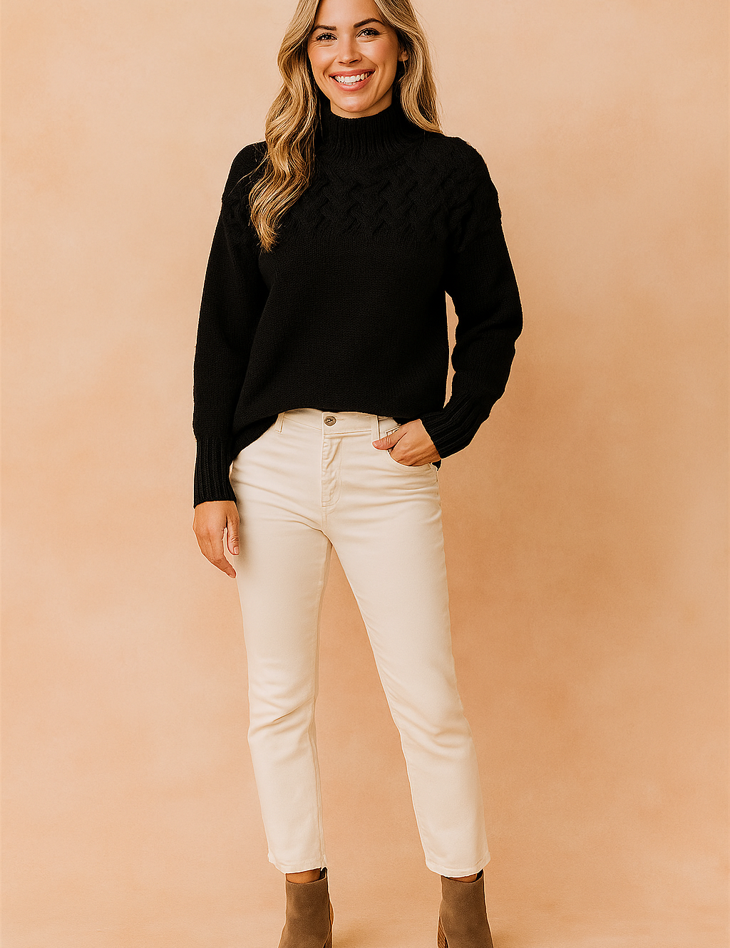 Black cable-knit high-neck sweater with intricate textured yoke design, paired with slim-fit cream jeans and taupe suede ankle boots.
