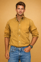 Classic long-sleeve button-down shirt styled with rolled cuffs, paired with straight-fit denim jeans for a clean, timeless casual look.