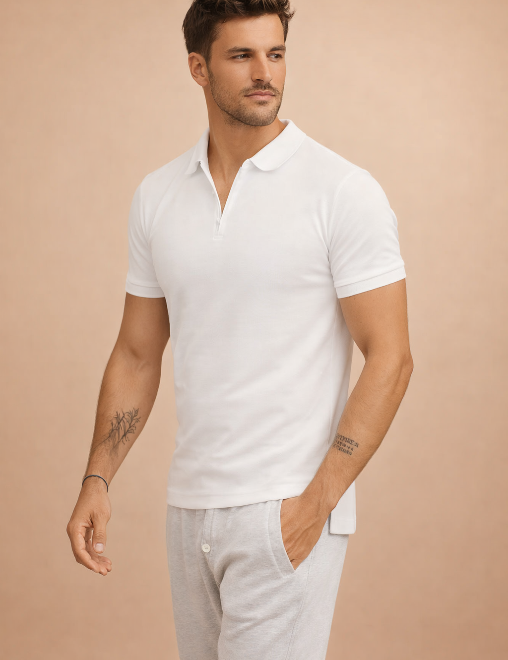 Classic short-sleeve polo shirt with a clean collar, two-button placket, and tailored slim fit, styled with straight-leg drawstring trousers for a refined casual look.
